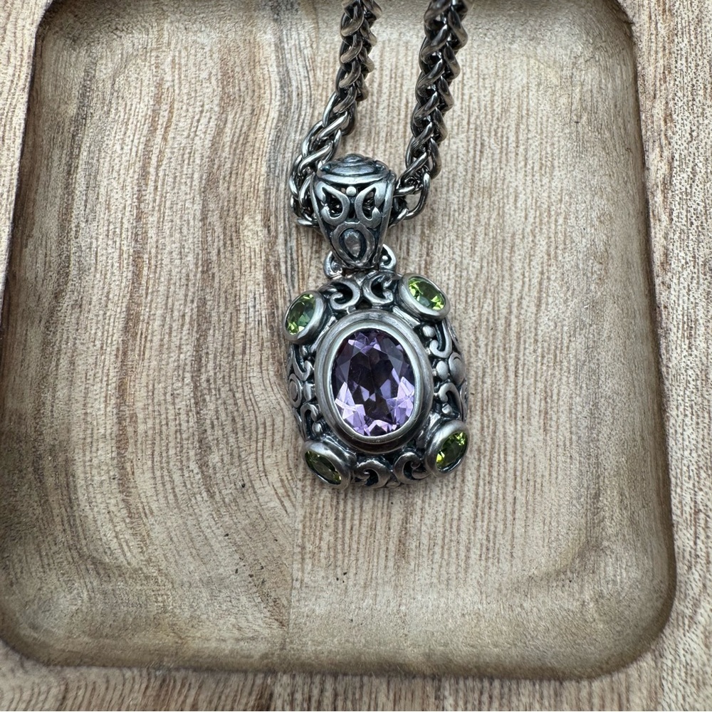 Vintage 925 Italy Sterling Silver Amethyst Peridot Filigree Necklace 18in 36.63g - Picture 3 of 17